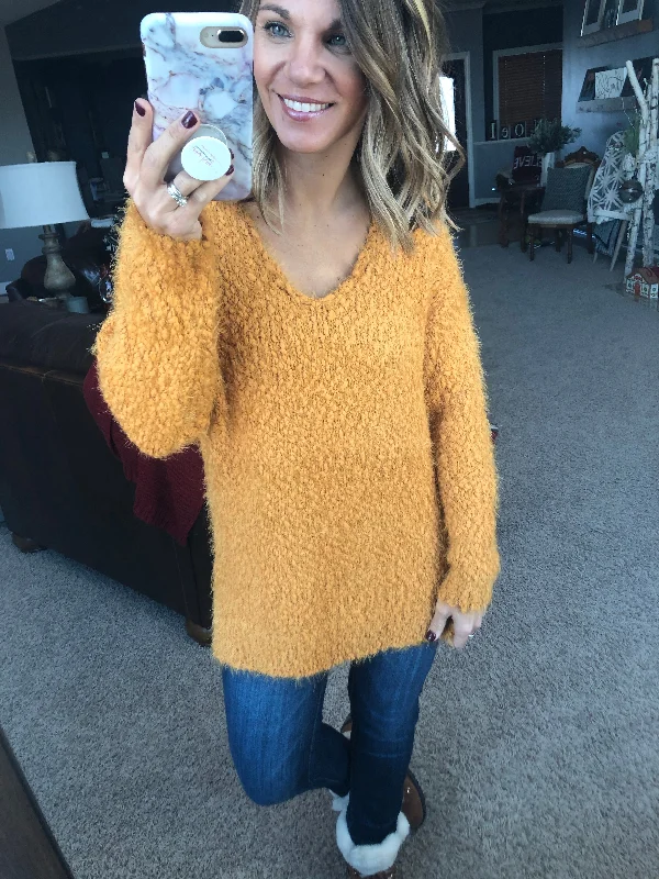 Bring Me Love Mustard V-Neck Popcorn Mohair Sweater Satin Fabric Silk Fabric Chiffon Fabric