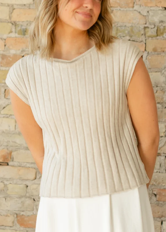 Back Button Cap Sleeve Ribbed Sweater Cashmere Blend Cotton Blend Poly Blend