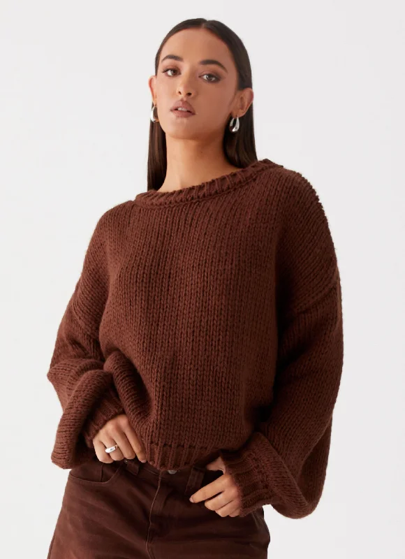 Costella Knit Sweater - Brown Hooded Caped Shawl Collar