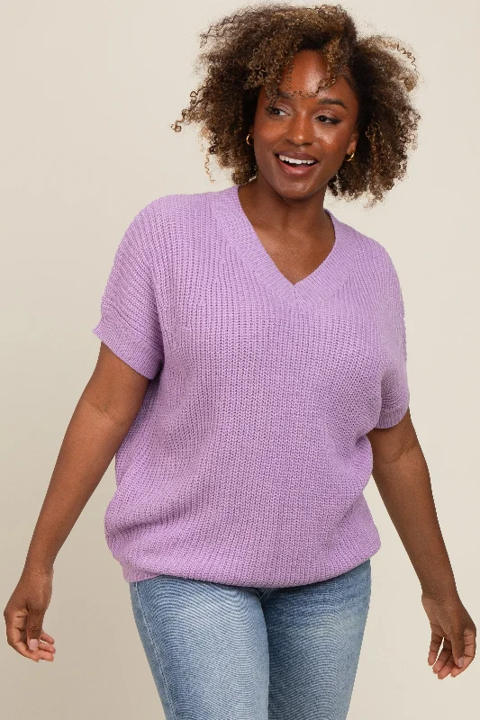 Lavender V-Neck Chunky Knit Sweater Top Polka Dot Checkered Tartan