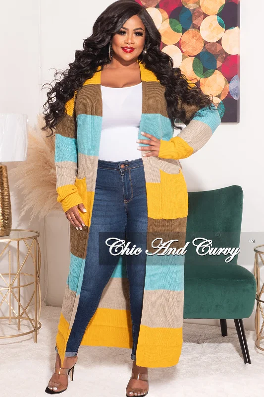 Final Sale Plus Size Knit Sweater Duster Aqua, Brown, Mustard, & Tan Welt Pockets Slit Pockets Flap Pockets