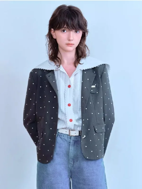 Black Dot Collarless Jacket【s0000007065】 Herringbone Jacket Checkered Jacket Solid Jacket