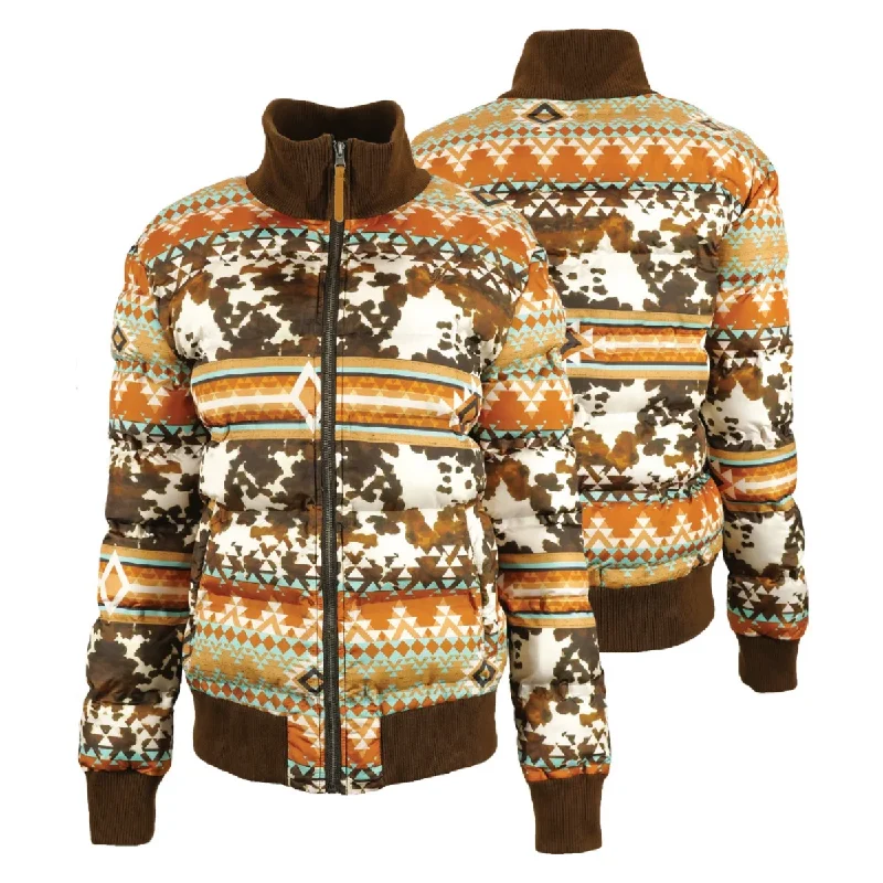Hooey Ladies Brown Cowprint & Aztec Quilted Track Jacket HJ119TNBR Ribbed Jacket Pleated Jacket Ruffled Jacket