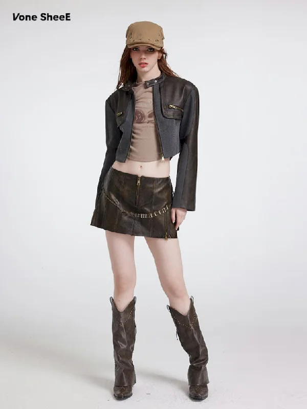 Knit splicing leather biker jacket【s0000007179】 One-Shoulder Jacket Off-the-Shoulder Jacket Asymmetrical Jacket