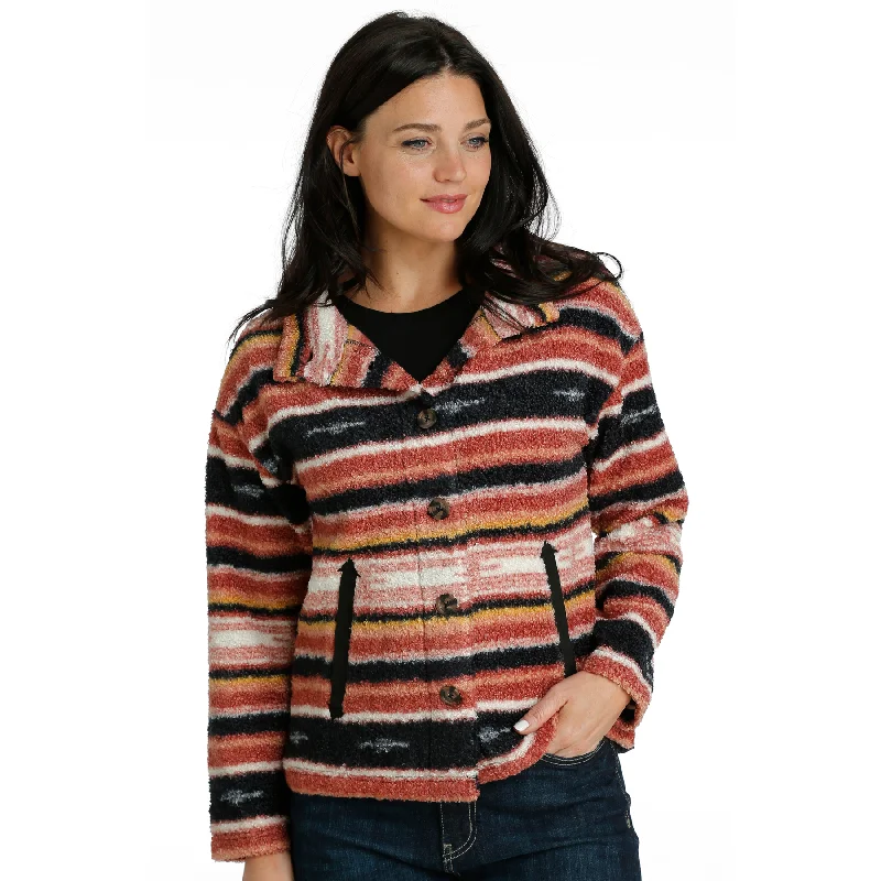 Cinch Ladies Pink Multicolor Striped Fleece Jacket CWJ7460001 Print Jacket Jacquard Jacket Patchwork Jacket