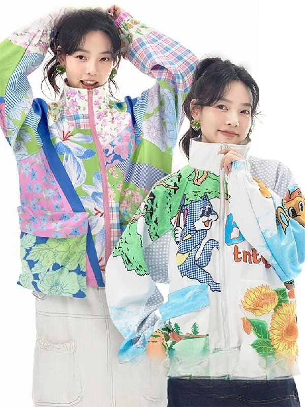 Cartoon Print Patchwork Large Pocket Full Zip Jacket【s0000011745】 Wool Fabric Cashmere Fabric Tweed Fabric