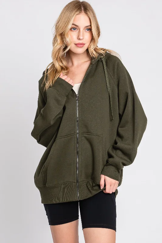 Olive Front Zipper Hooded Sweater Glossy Satin Silk