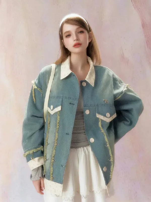 Floral Splicing Washed Draw Edge Denim Jacket【s0000006468】 Denim Jacket Leather Jacket Suede Jacket