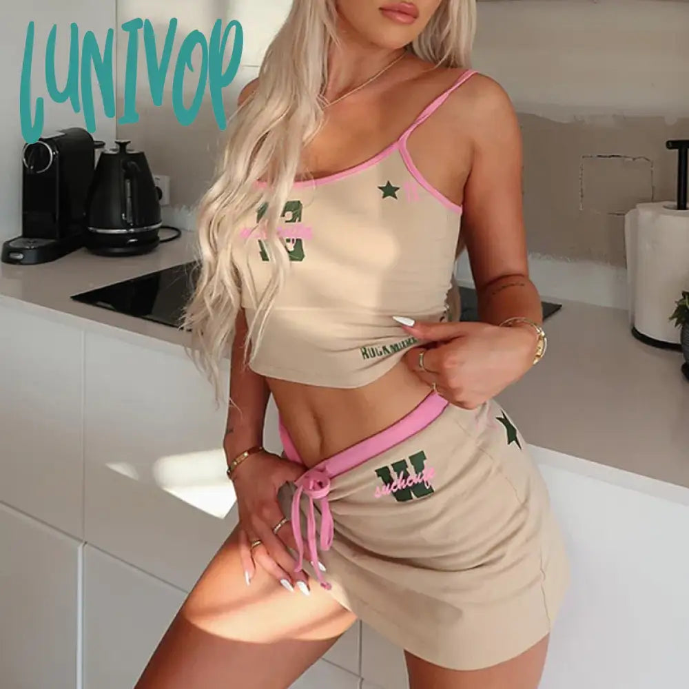 Lunivop Y2K Sweet Camis Top and Drawstring Mini Skirt Two Piece Set Letter Print Contrast Summer Matching Sets Cute Outfits denim skirt trendy