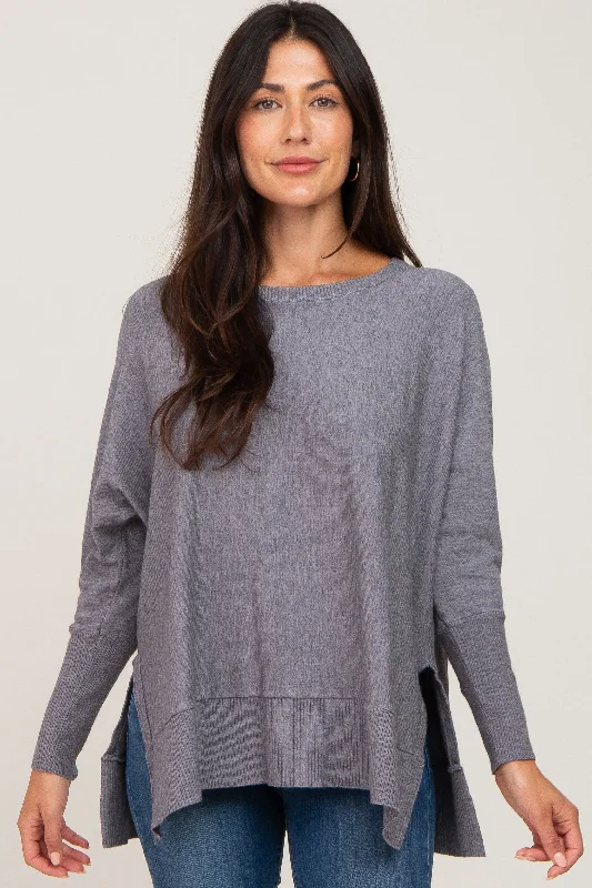 Heather Grey Dolman Sleeve Side Slit Sweater Velvet Chenille Corduroy