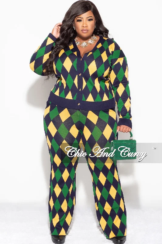 Final Sale Plus Size 2pc Button Up Sweater and Pant Set In Green and Yellow Diamond Print Beaded Sweater Sequined Faux Fur