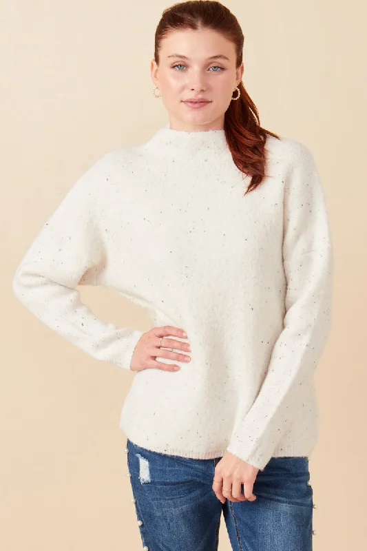 Speckled Mock Neck Drop Shoulder Sweater Welt Pockets Slit Pockets Flap Pockets