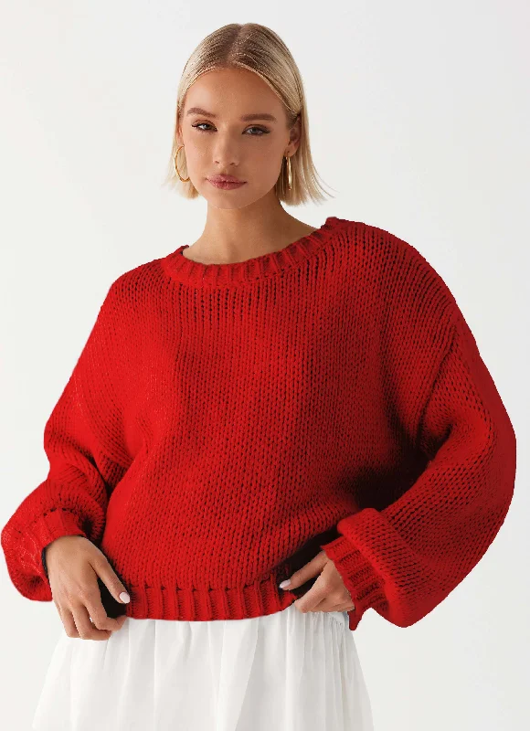 Costella Knit Sweater - Red Chenille Blend Fleece Blend Nylon Blend