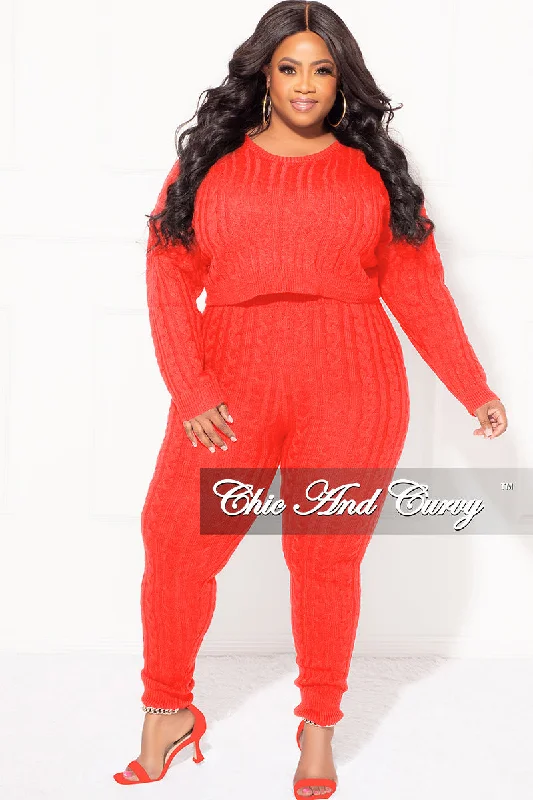 Final Sale Plus Size 2-Piece Sweater Pants Set in Red Hooded Caped Shawl Collar