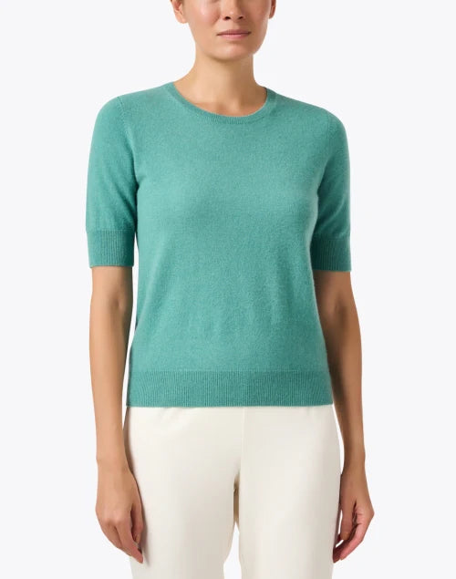 Cashmere Blend Short Sleeve Rib Knit Sweater Jade Fleece Fabric Down Fabric Feather Fabric