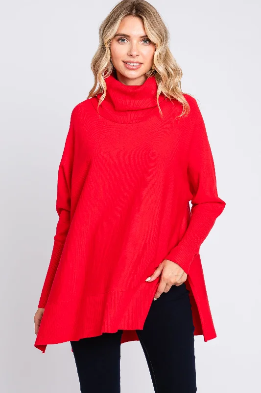 Red Cowl Neck Dolman Sleeve Sweater Tailored Straight A-Line
