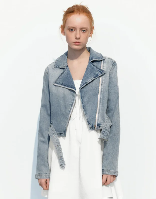 Cropped Denim Jacket A-Line Jacket Boat Neck Shawl Collar