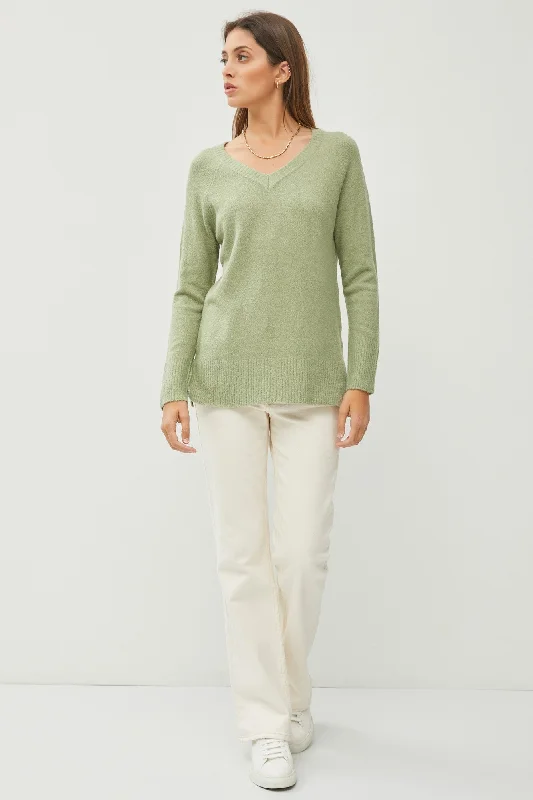 Light Olive V-Neck Basic Sweater Print Jacquard Patchwork