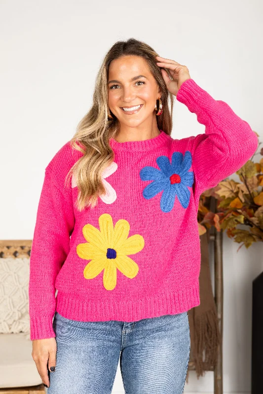 Hot Pink Big Flower Patch Sweater Lightweight Heavyweight Midweight