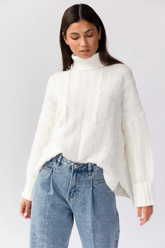 Cream Textured Knit Turtleneck Sweater Notch Collar Peter Pan Collar Cowl Neck