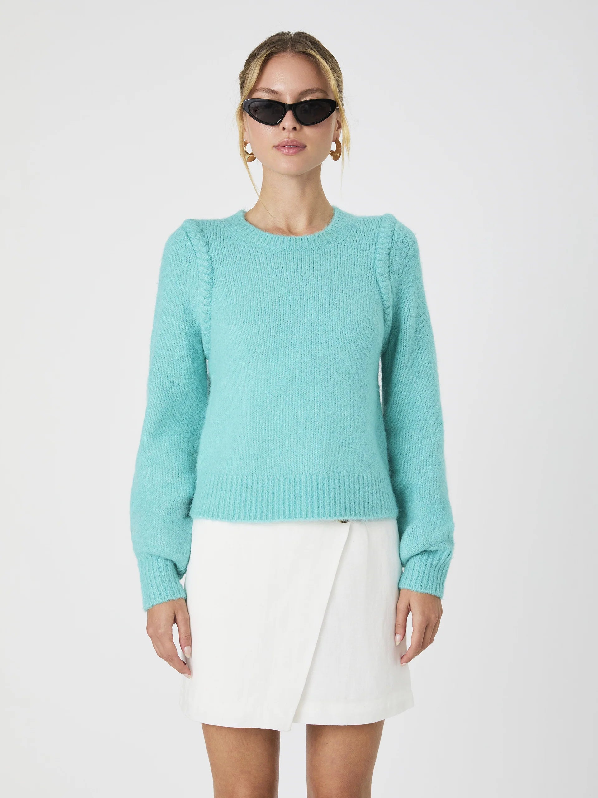 Fluffy Knit Braided Detail Sweater Open Front Closed Front Wrap Front