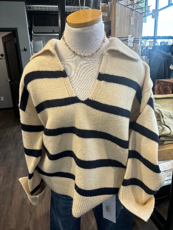 Molly Bracken off white navy striped collar sweater Solid Color Striped Floral Print