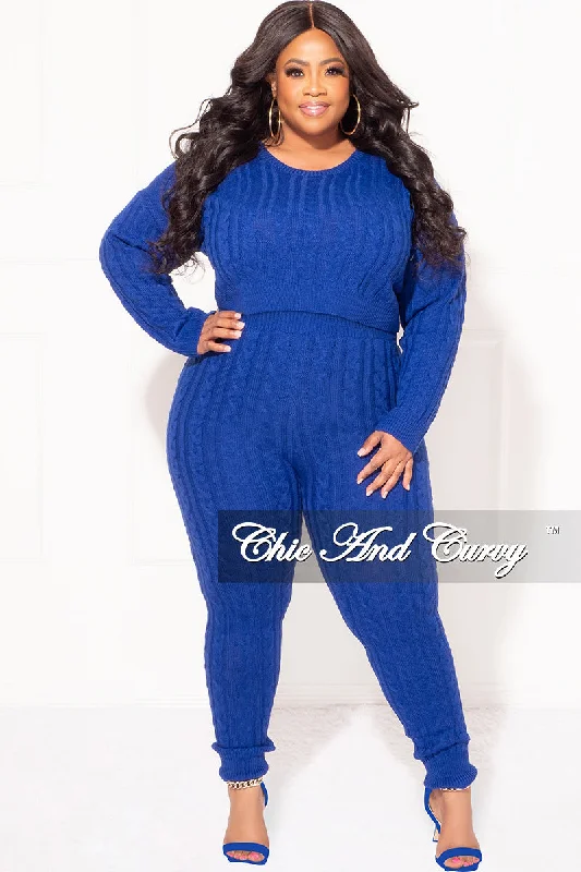 Final Sale Plus Size 2-Piece Sweater Pants Set in Royal Blue Polka Dot Checkered Tartan