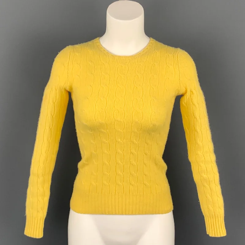 RALPH LAUREN Black Label Size S Yellow Cashmere Cable Knit Sweater Houndstooth Herringbone Solid