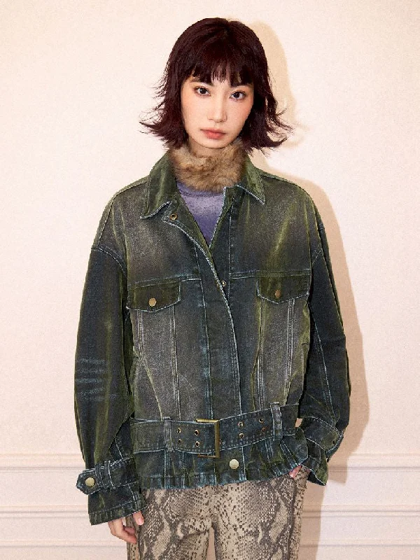 Loose Green Flocked Denim Jacket【s0000011638】 Rayon Fabric Velvet Fabric Corduroy Fabric