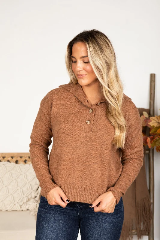 Copper Wide Collar Quarter Button Sweater Machine Wash Dry Clean Hand Wash