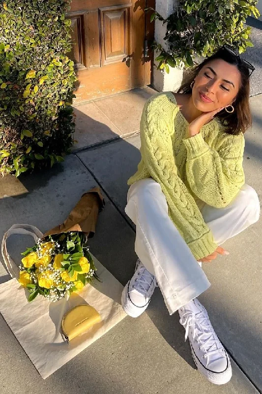 Yellow Knit Sweater Real Fur Shearling Chenille