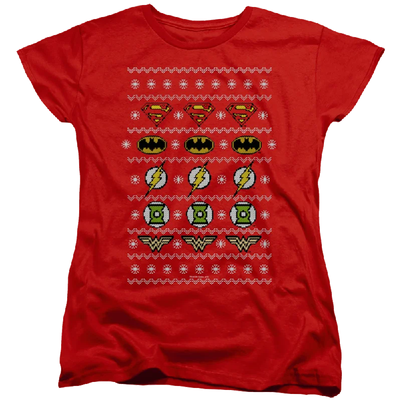 Justice League Justice Shields Christmas Sweater - Women's T-Shirt Turtle Neck Boat Neck Asymmetrical Neck