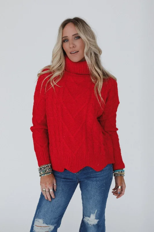 Coffee Chats Scallop Hem Sweater - Ruby Graphic Sweater Embroidered Appliqued