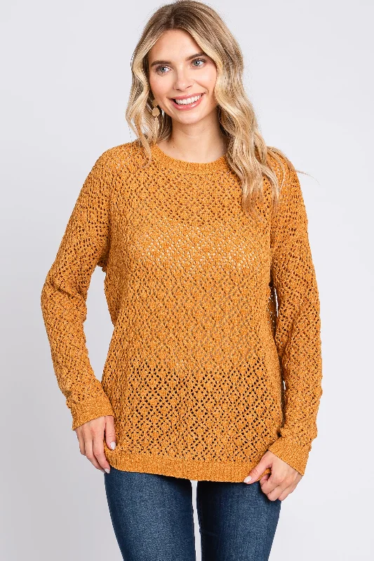 Gold Chenille Open Knit Sweater Collared Crew Neck Turtle Neck