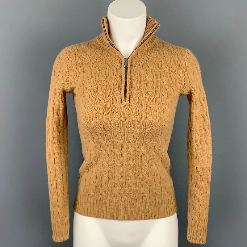 RALPH LAUREN Black Label Size XS Camel Cable Knit Cashmere Half Zip Sweater Hooded Caped Shawl Collar