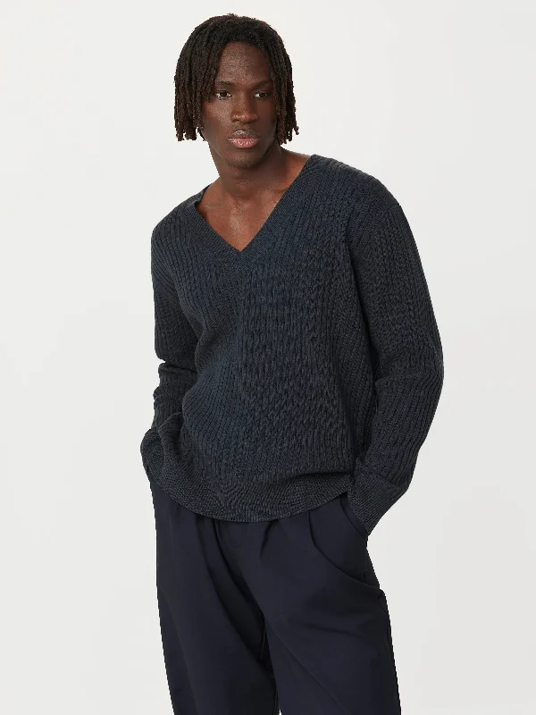 The Ribbed Lambswool V-Neck Sweater in Slate Grey Fleece Sweater Nylon Polyester