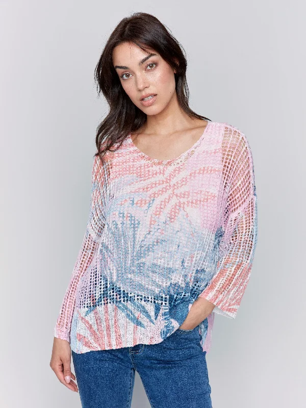 Printed Fishnet Crochet Sweater - Tropical Chenille Blend Fleece Blend Nylon Blend