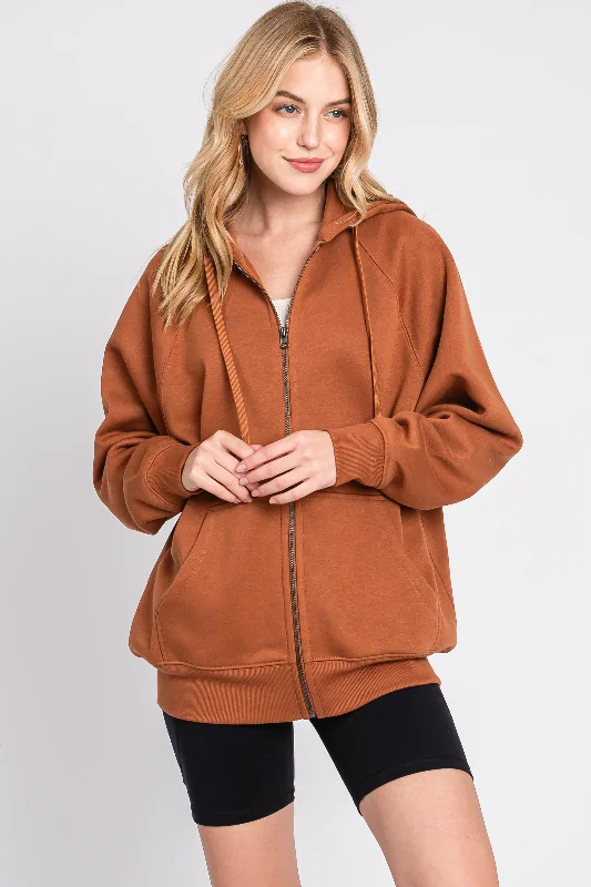 Camel Front Zipper Hooded Sweater Velvet Chenille Corduroy