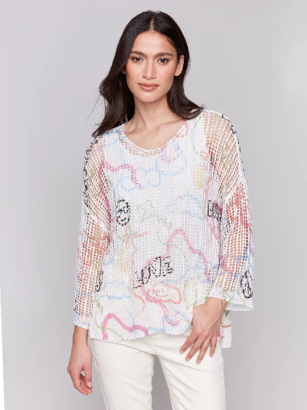 Printed Fishnet Crochet Sweater - Graffiti Collared Crew Neck Turtle Neck