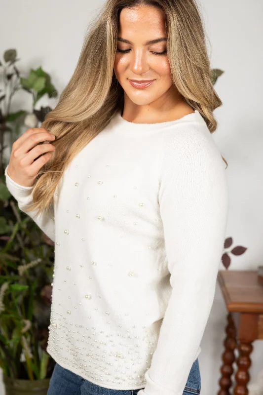 Ivory Pearl Detail Sweater Houndstooth Herringbone Solid