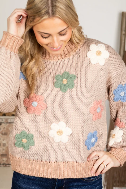 Taupe Flower Applique Sweater Hooded Caped Shawl Collar