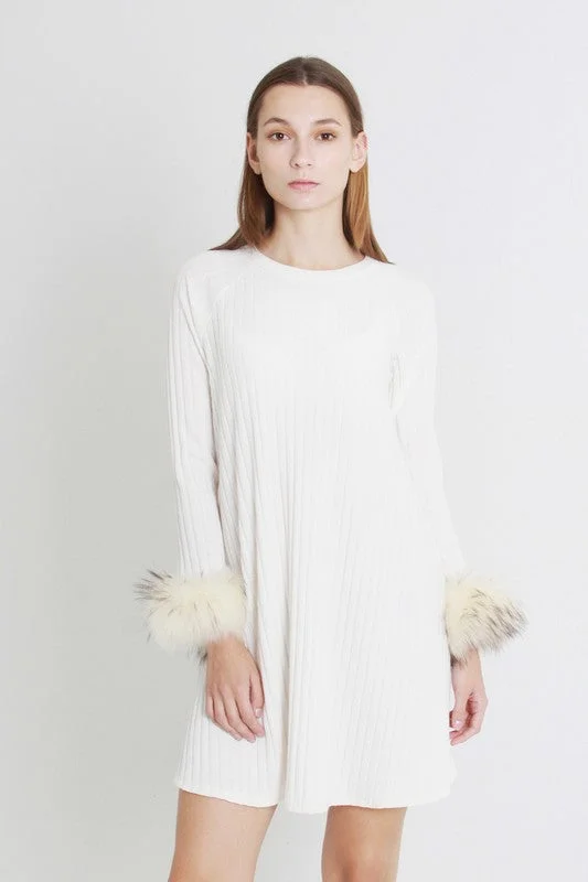 Elegant A-Line Faux Fur White Sweater Dress Tailored Straight A-Line