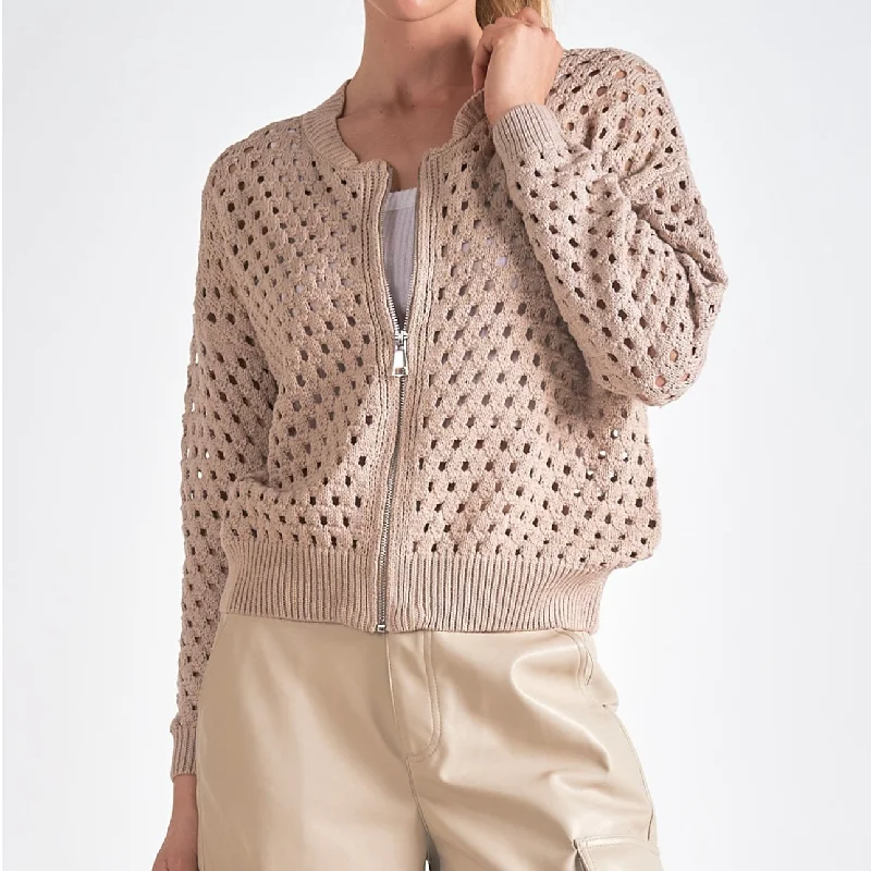 Elan taupe full zip open knit sweater Long Sweater Short Sweater Cropped Sweater