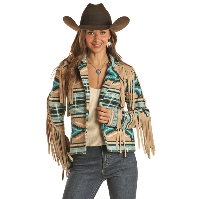 Rock & Roll Denim Ladies Aztec & Fringe Turquoise Jacket BW92C01938 Faux Fur Fabric Real Fur Fabric Shearling Fabric