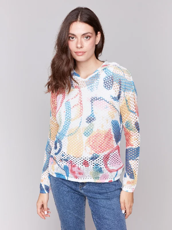Printed Fishnet Crochet Hoodie Sweater - Abstract Print Jacquard Patchwork