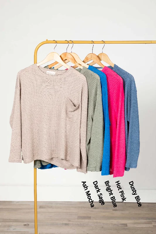 Waffle Knit Sweater With Pocket Ribbed Striped Patterned