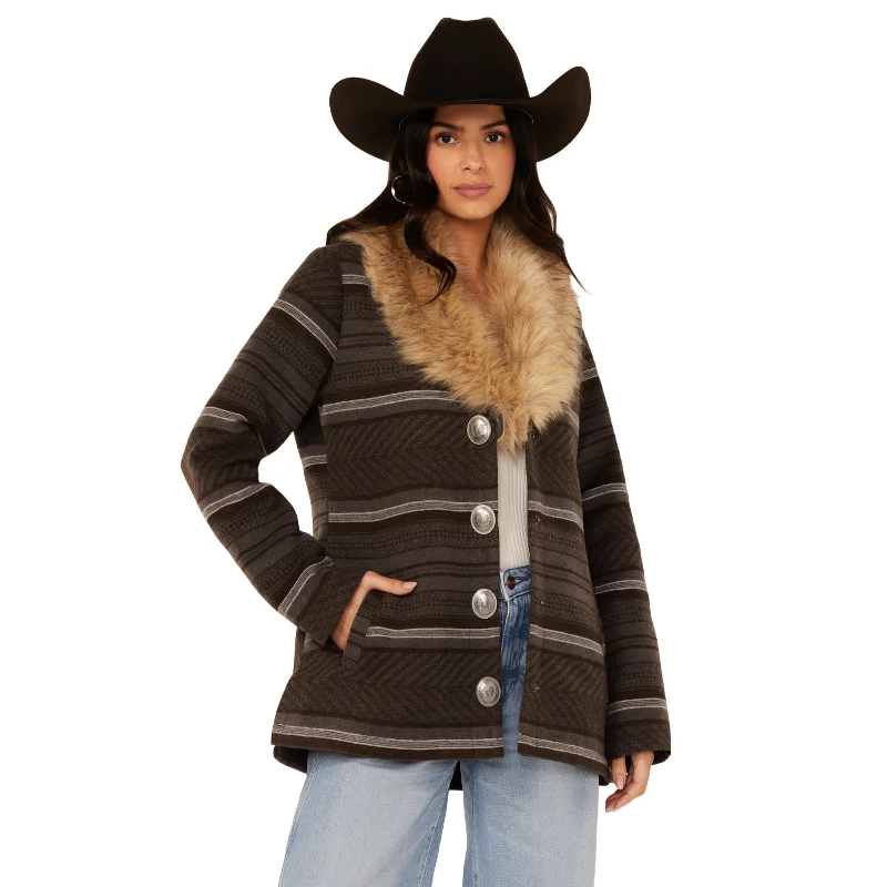 Cruel Denim Ladies Faux Fur Serape Stripe Grey Jacket CWJ7479001 One-Shoulder Jacket Off-the-Shoulder Jacket Asymmetrical Jacket