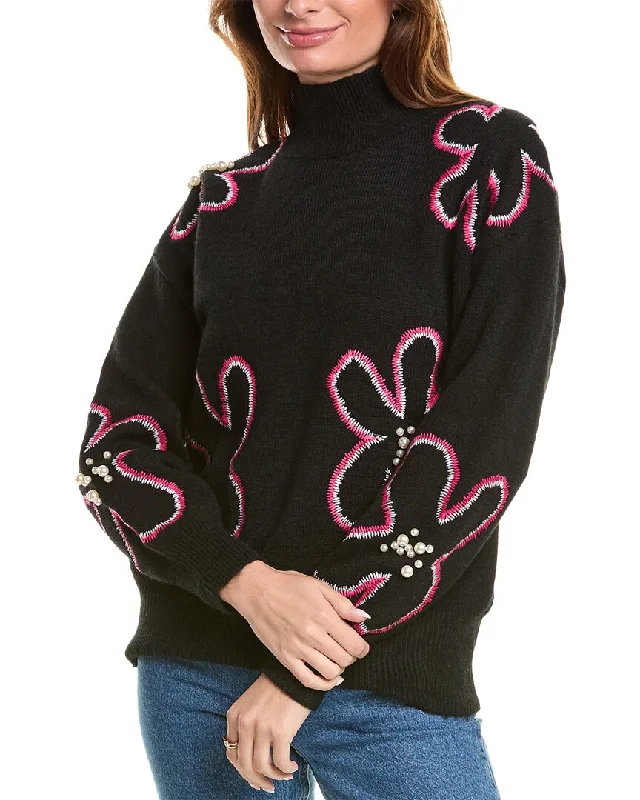 Gracia Flower Embroidered Mock Neck Sweater Mesh Fabric Canvas Fabric Denim Fabric
