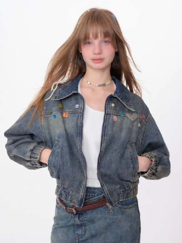 Colorful Buttons Washed Denim Jacket【s0000007131】 Hooded Jacket Caped Jacket Shawl Collar Jacket