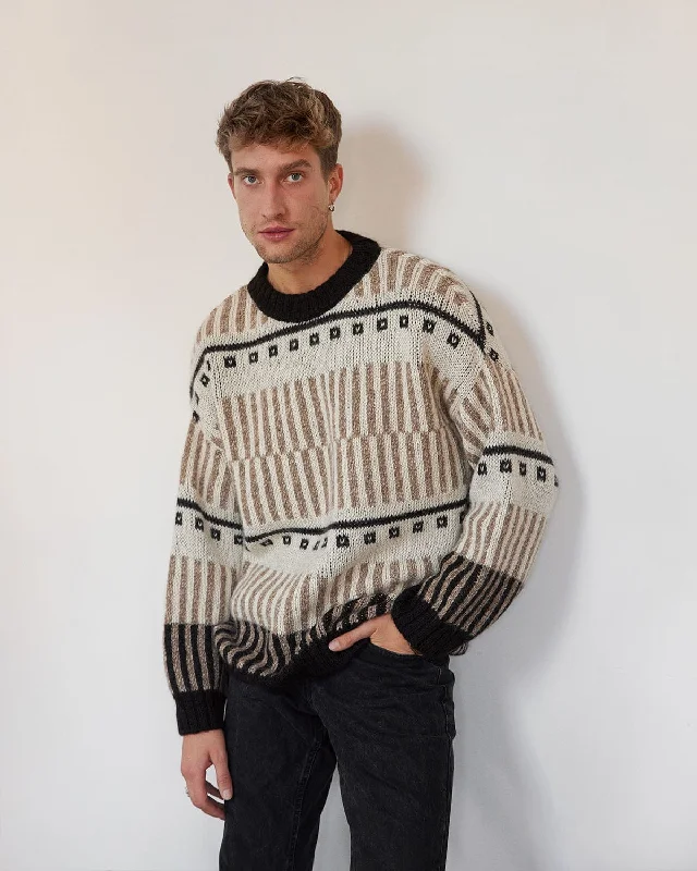 Ethno Alpaca Wool Sweater (Off-White) Cable Knit Ribbed Knit Lace Knit